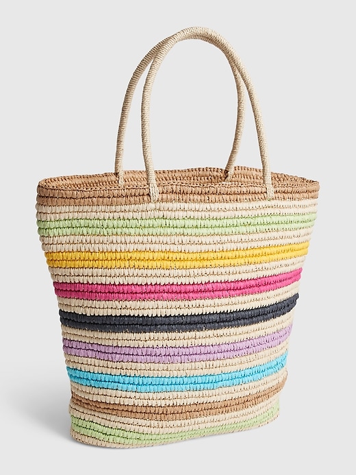 Image number 1 showing, Rainbow Stripe Straw Tote Bag