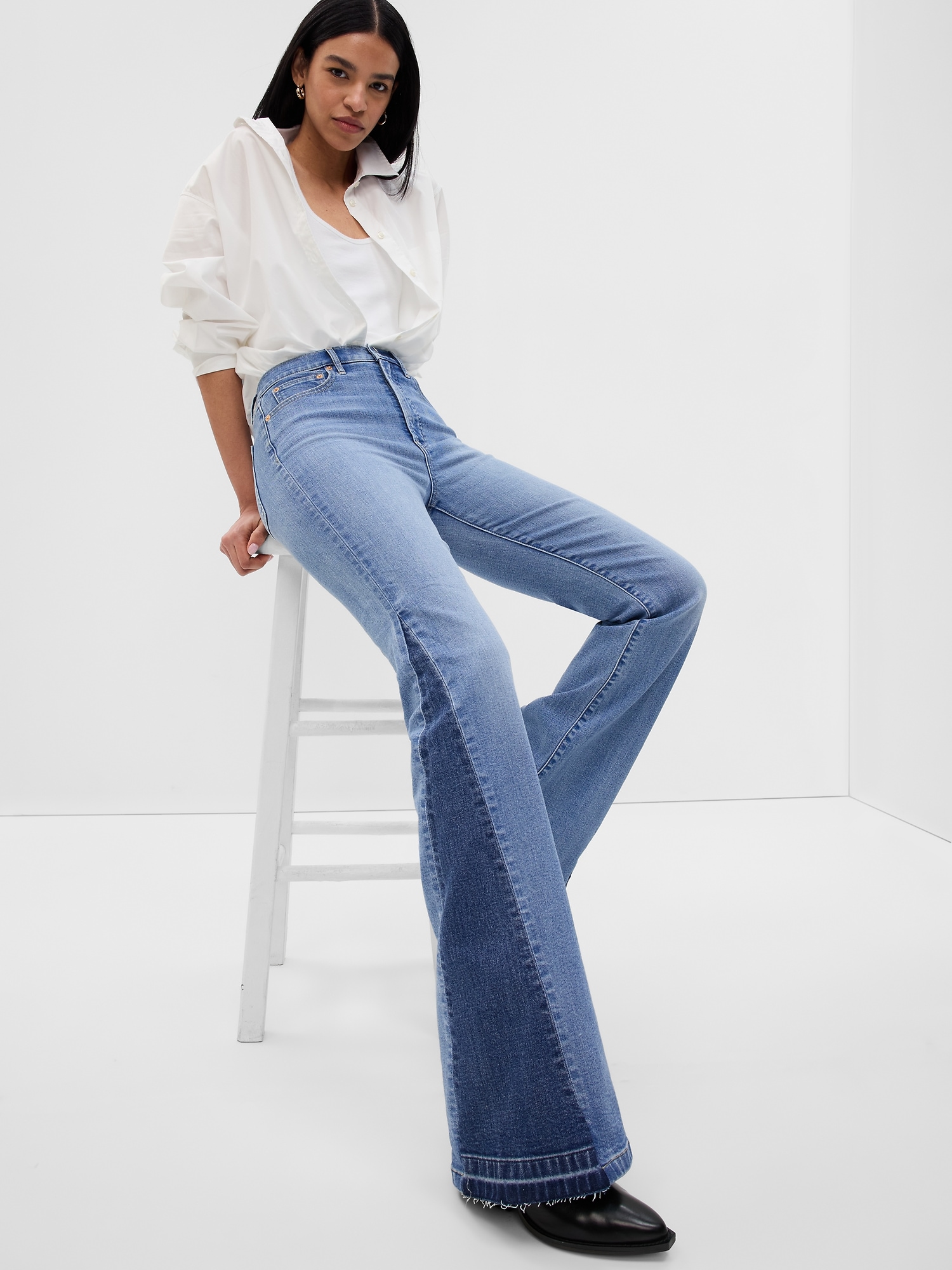Gap High Rise Patched '70s Flare Jeans In Medium Indigo