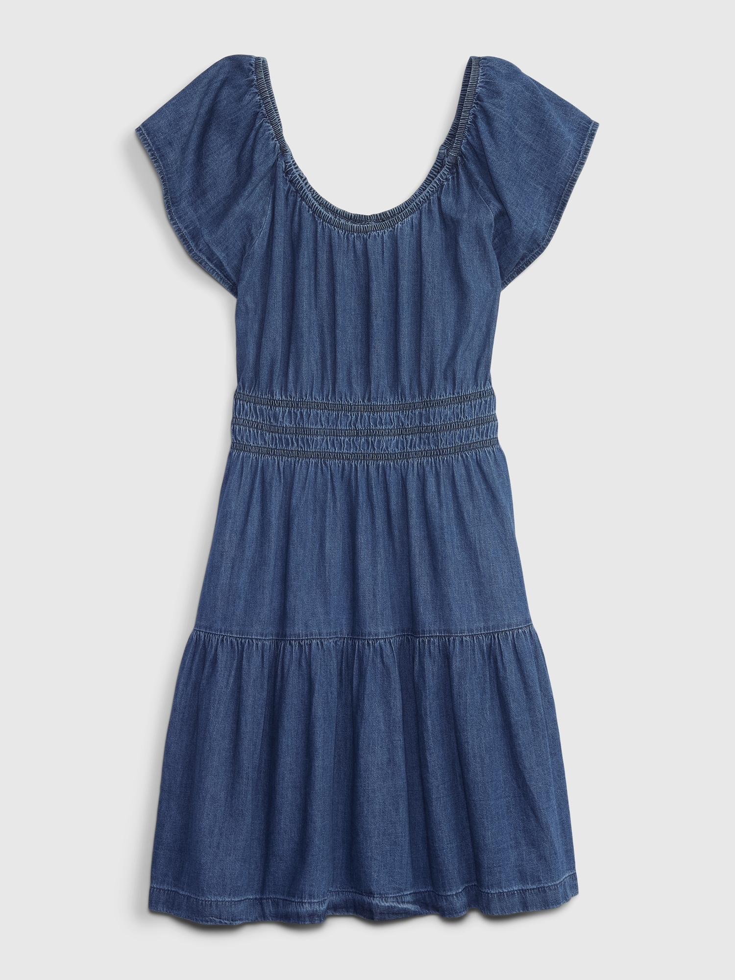 Denim Flutter Sleeve Tiered Mini Dress