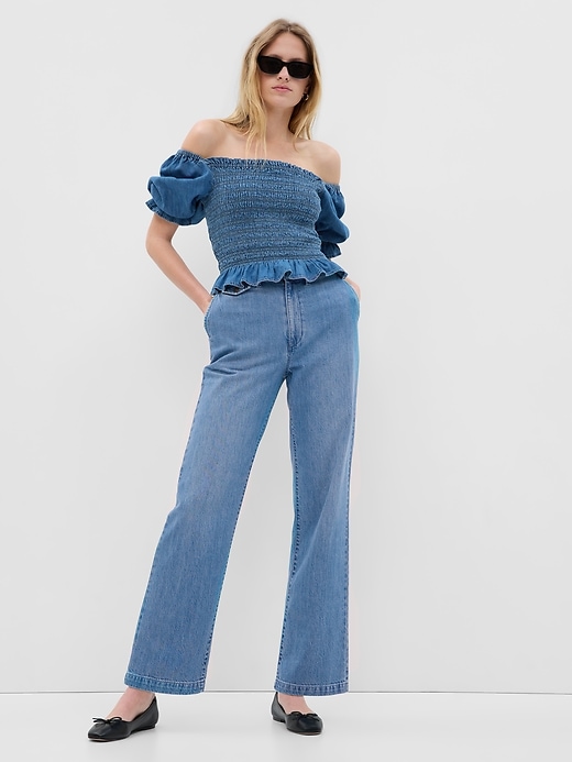 Image number 1 showing, High Rise Denim Wide-Leg Trousers with Washwell
