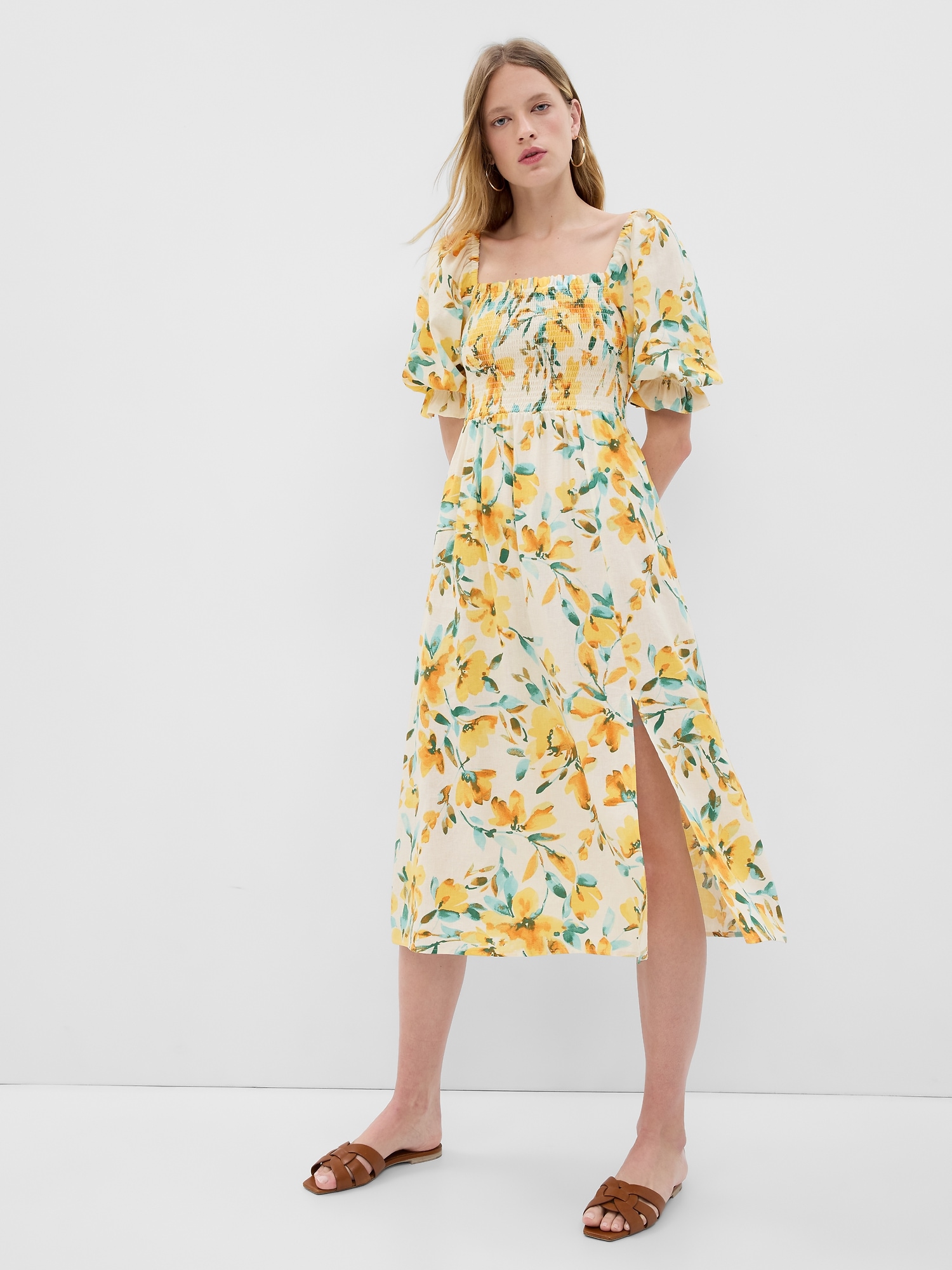 Gap Linen-blend Puff Sleeve Midi Dress In Yellow Floral | ModeSens