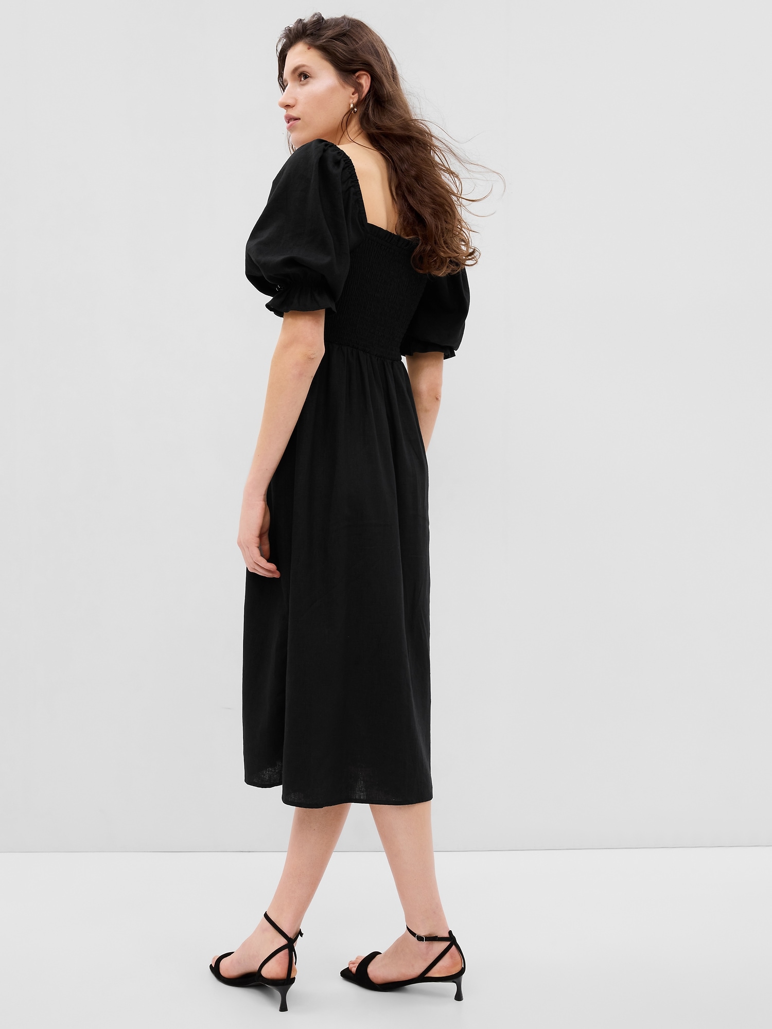 Linen-Blend Puff Sleeve Midi Dress | Gap