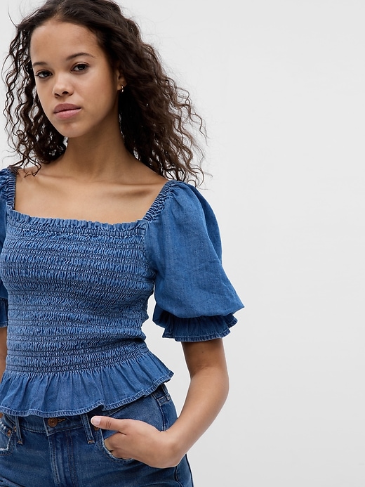 Image number 3 showing, Puff Sleeve Denim Smocked Peplum Top