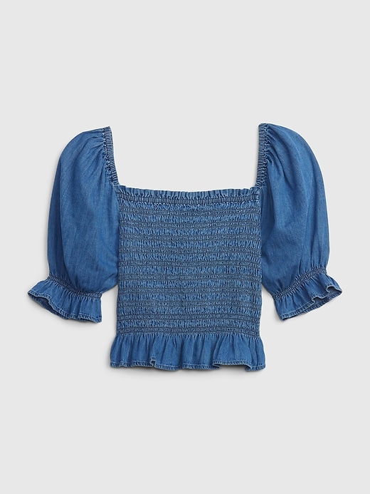 Image number 4 showing, Puff Sleeve Denim Smocked Peplum Top