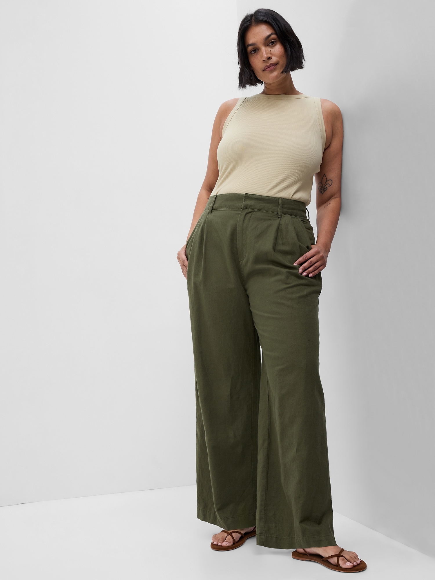 High Rise LinenCotton Pleated Wide Leg Pants with Washwell New Off White