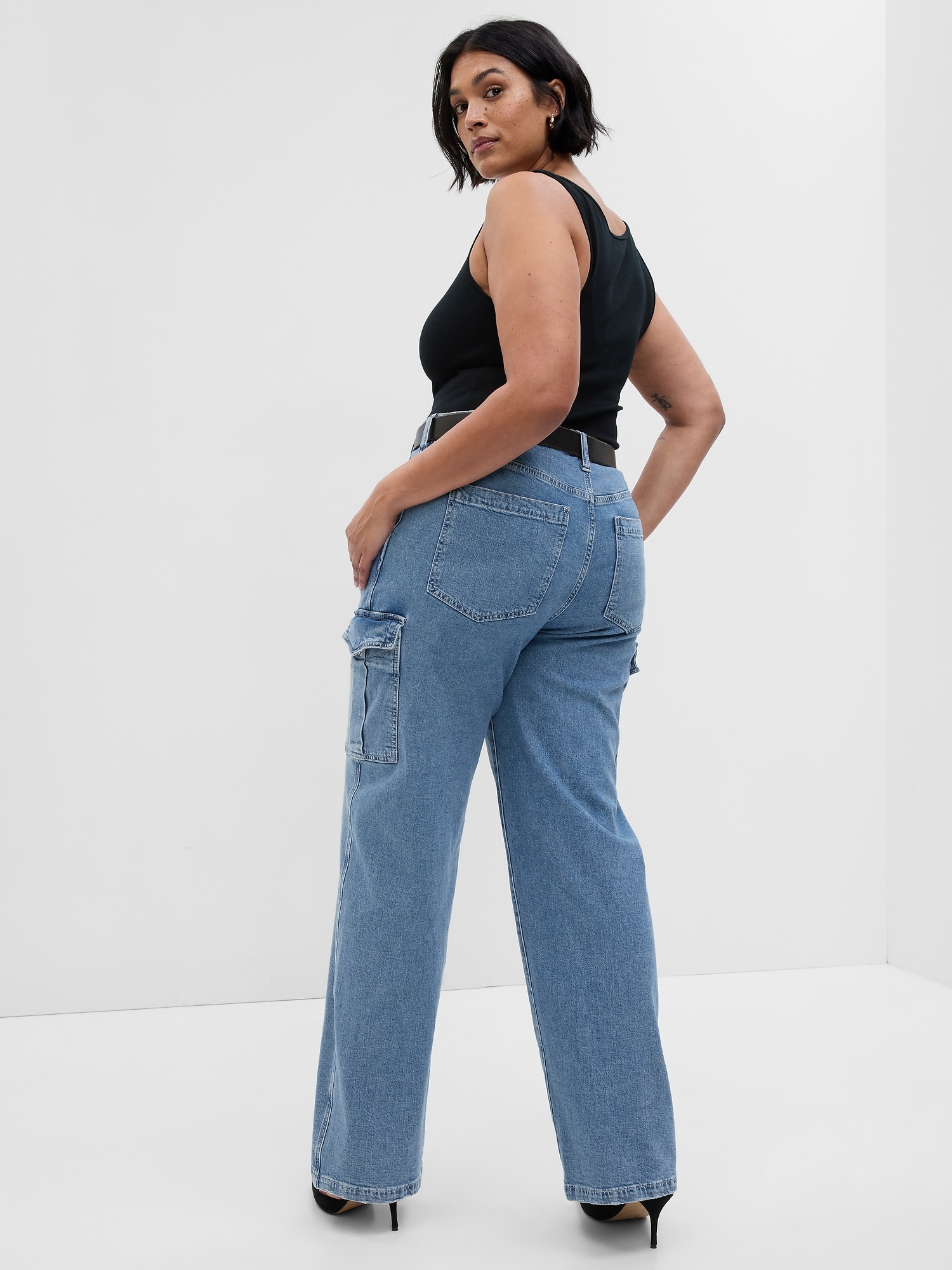 Women's Mid Waist Pocket Cargo Jeans Washed Baggy Wide Leg Denim Pants（  Order 1 Size UP） at  Women's Jeans store
