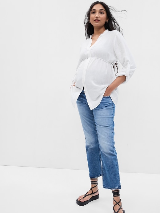 Image number 1 showing, Maternity Linen-Blend Button-Down Shirt