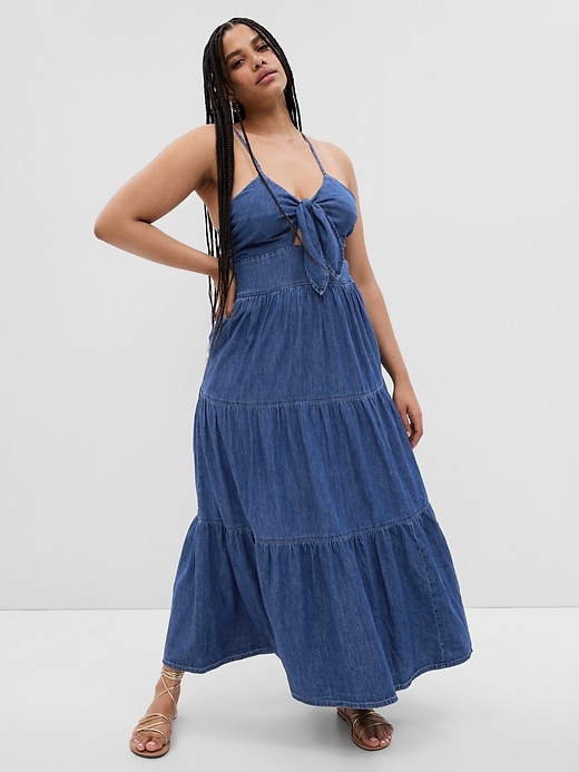 Image number 4 showing, Tie-Front Tiered Denim Maxi Dress