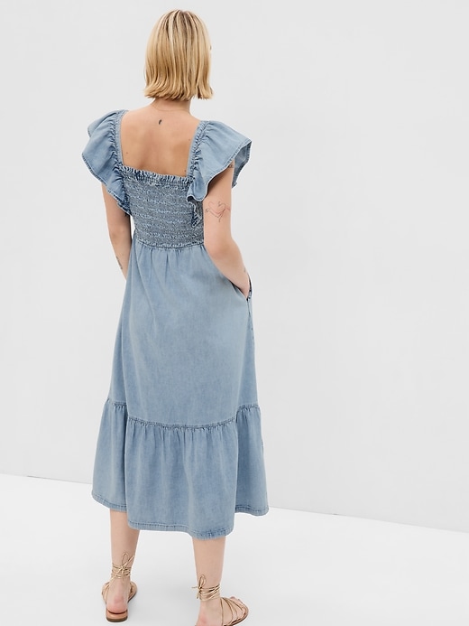 Image number 2 showing, Smocked Flutter Sleeve Denim Midi Dress with Washwell