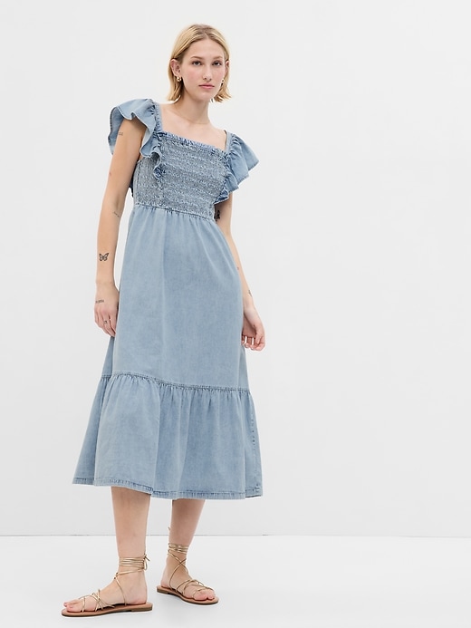 Image number 1 showing, Smocked Flutter Sleeve Denim Midi Dress with Washwell