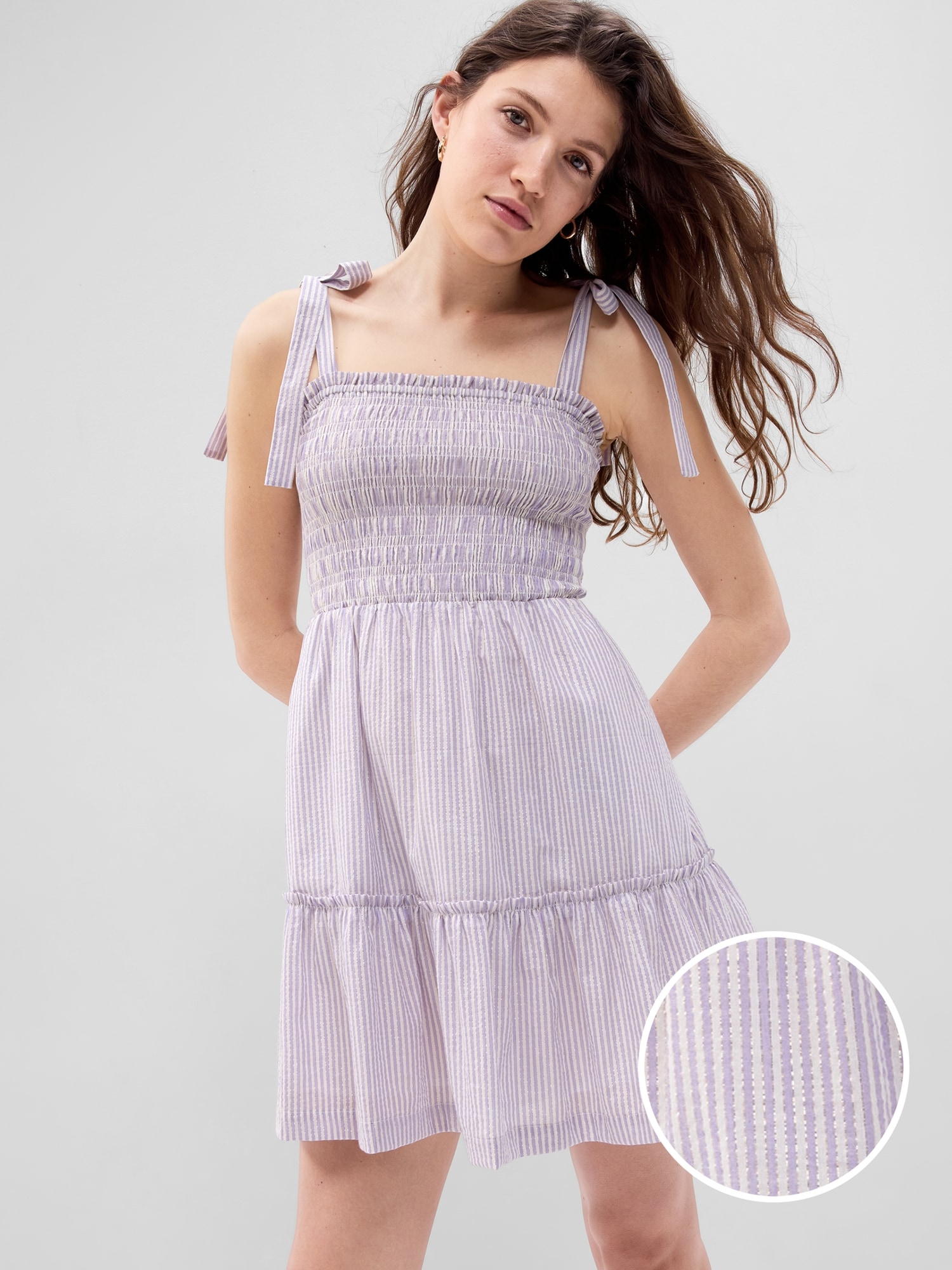 Gap Metallic Stripe Tie-Shoulder Smocked Mini Dress purple. 1