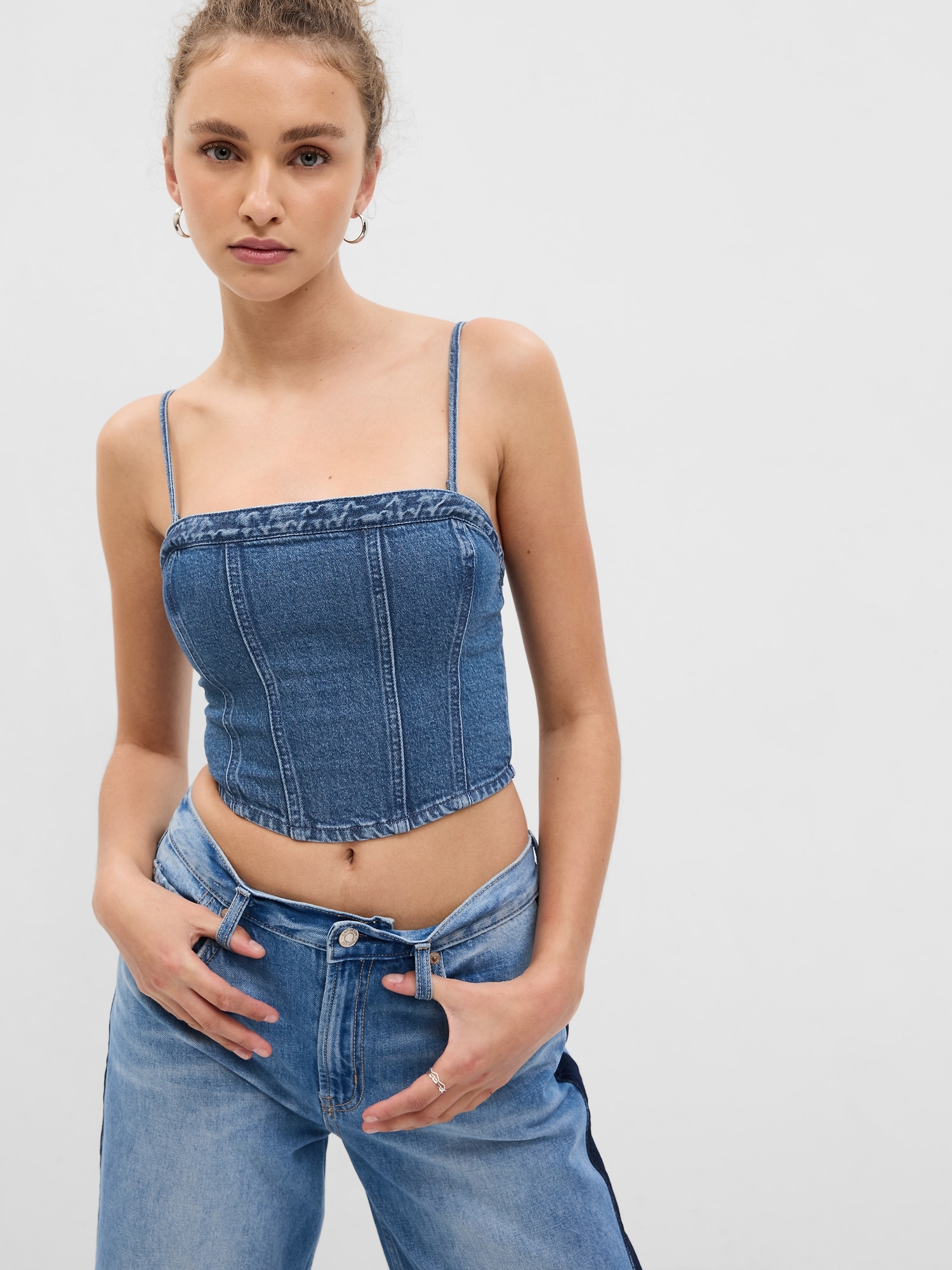 ELLACCI Women's Tassel Rhinestone Denim Bustier Crop Top Jean