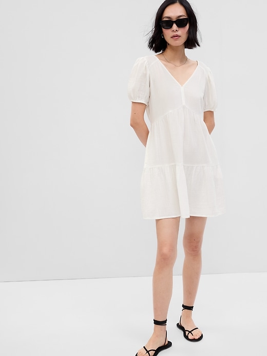 Image number 1 showing, Crinkle Gauze Puff Sleeve Tiered Mini Dress