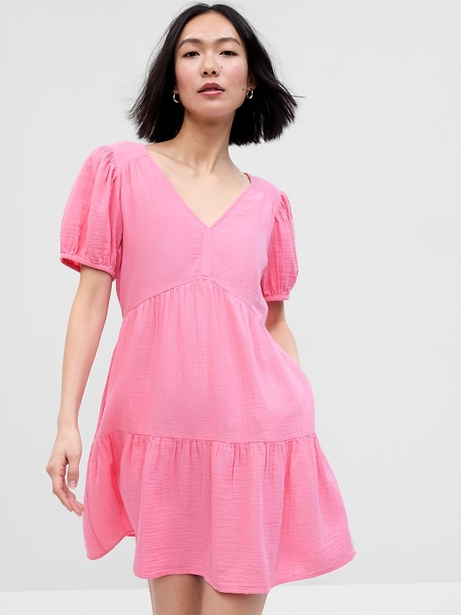 Image number 1 showing, Crinkle Gauze Puff Sleeve Tiered Mini Dress