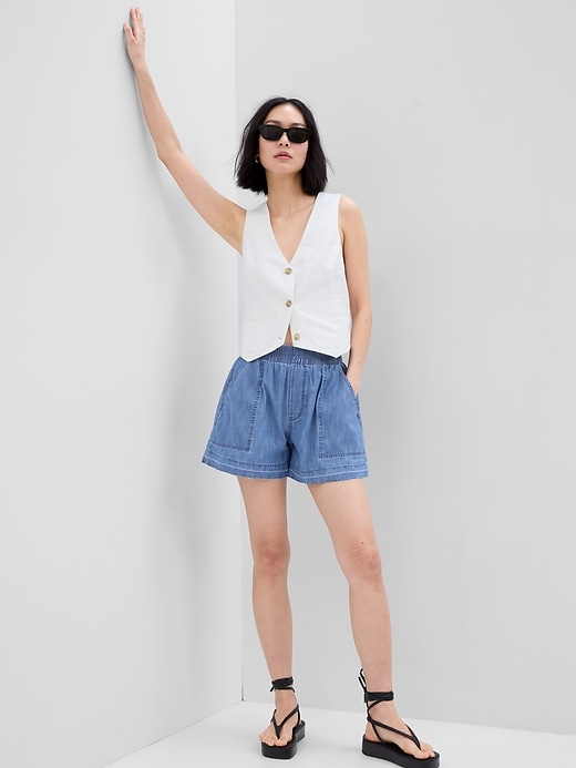 Image number 1 showing, 100% Organic Cotton High Rise Denim Pull-On Shorts with Washwell
