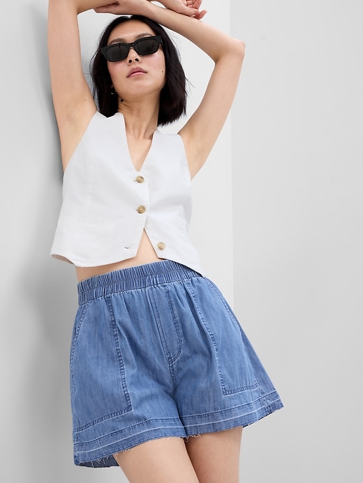 Image number 3 showing, 100% Organic Cotton High Rise Denim Pull-On Shorts with Washwell