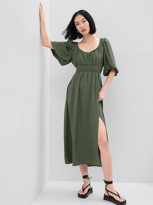 Image number 1 showing, Puff Sleeve Smocked Midi Dress