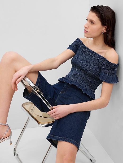 Image number 3 showing, Cropped Ruffle Sleeve Denim Smocked Peplum Top with Washwell