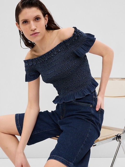 Image number 1 showing, Cropped Ruffle Sleeve Denim Smocked Peplum Top with Washwell