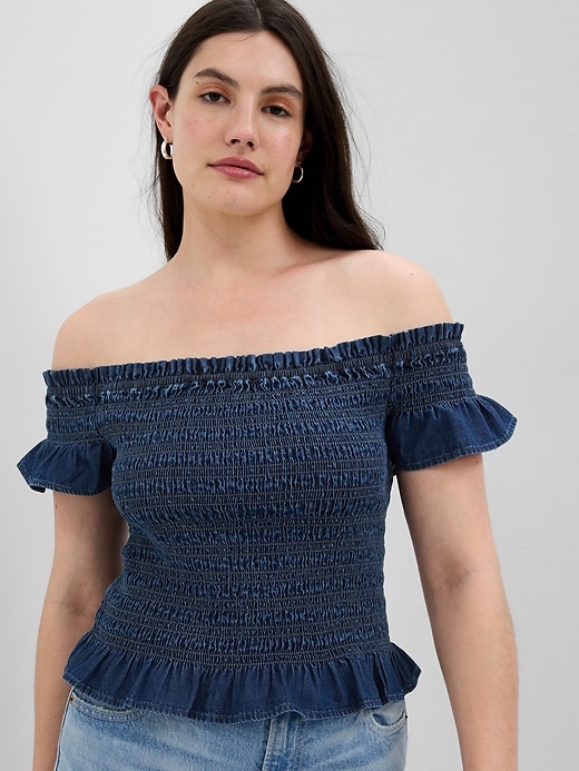 Image number 4 showing, Cropped Ruffle Sleeve Denim Smocked Peplum Top with Washwell