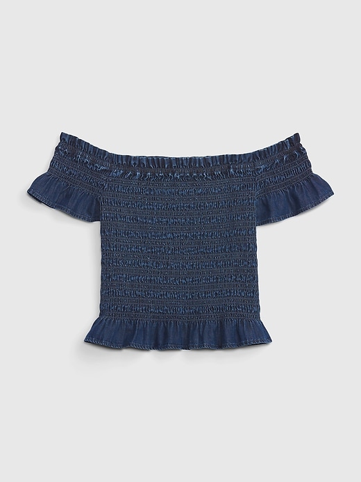 Image number 6 showing, Cropped Ruffle Sleeve Denim Smocked Peplum Top with Washwell