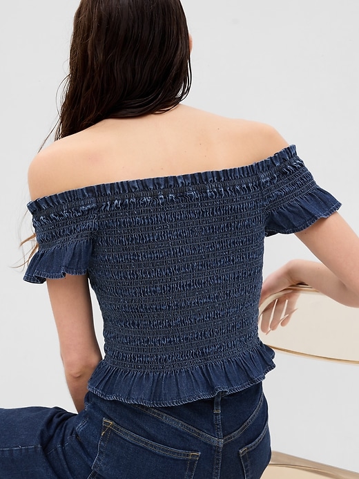 Image number 2 showing, Cropped Ruffle Sleeve Denim Smocked Peplum Top with Washwell