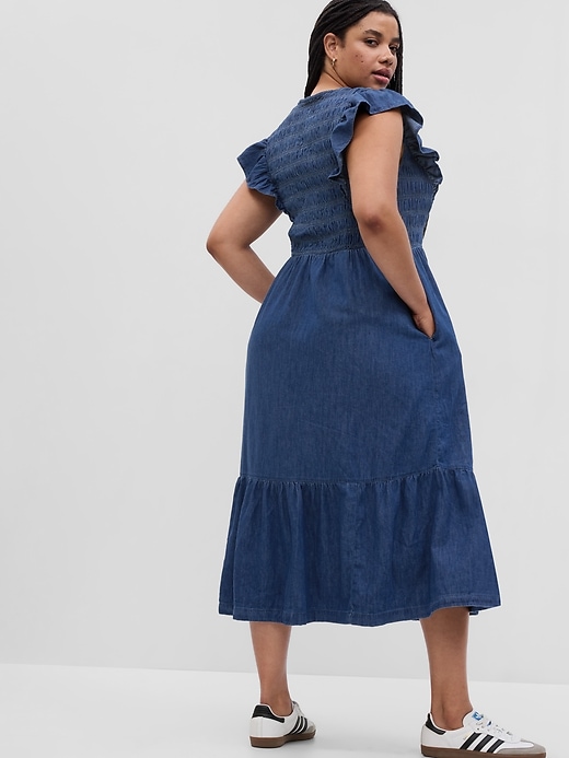 100% Organic Cotton Denim Ruffle Sleeve Smocked Midi Dress with ...