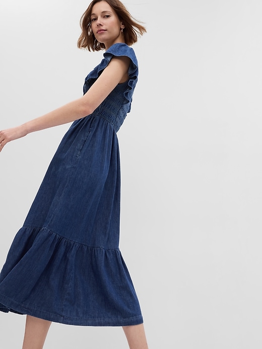 Image number 3 showing, Organic Cotton Denim Ruffle Sleeve Smocked Midi Dress