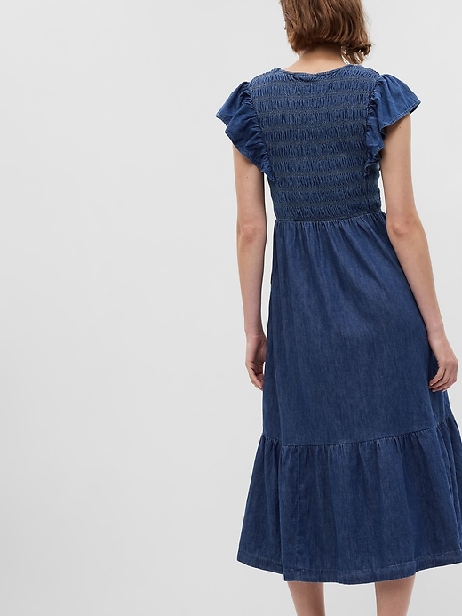 Image number 2 showing, Organic Cotton Denim Ruffle Sleeve Smocked Midi Dress
