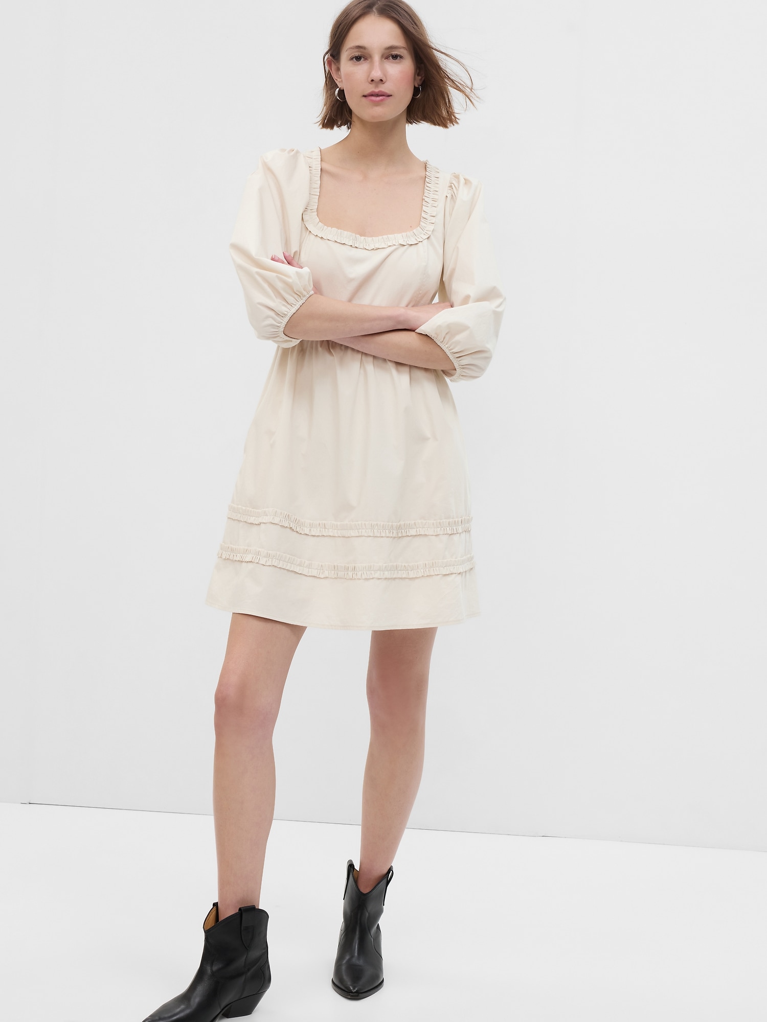 Gap Puff Sleeve Ruffle Neck Mini Dress beige. 1