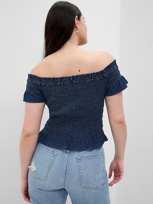 Image number 5 showing, Cropped Ruffle Sleeve Denim Smocked Peplum Top with Washwell