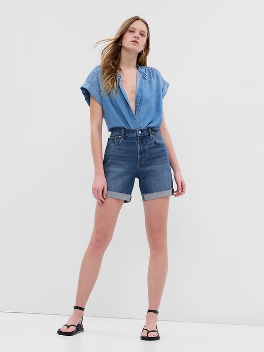 Image number 1 showing, 6" High Rise Cheeky Midi Denim Shorts