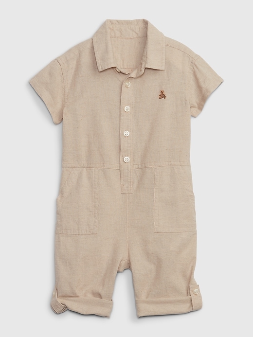 Image number 3 showing, Baby Linen-Cotton Roll-Cuff Shorty One-Piece