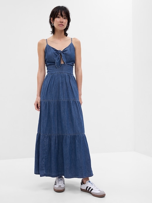 Image number 1 showing, Tie-Front Tiered Denim Maxi Dress