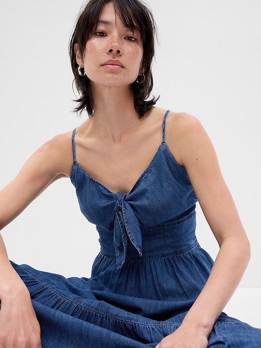 Image number 3 showing, Tie-Front Tiered Denim Maxi Dress