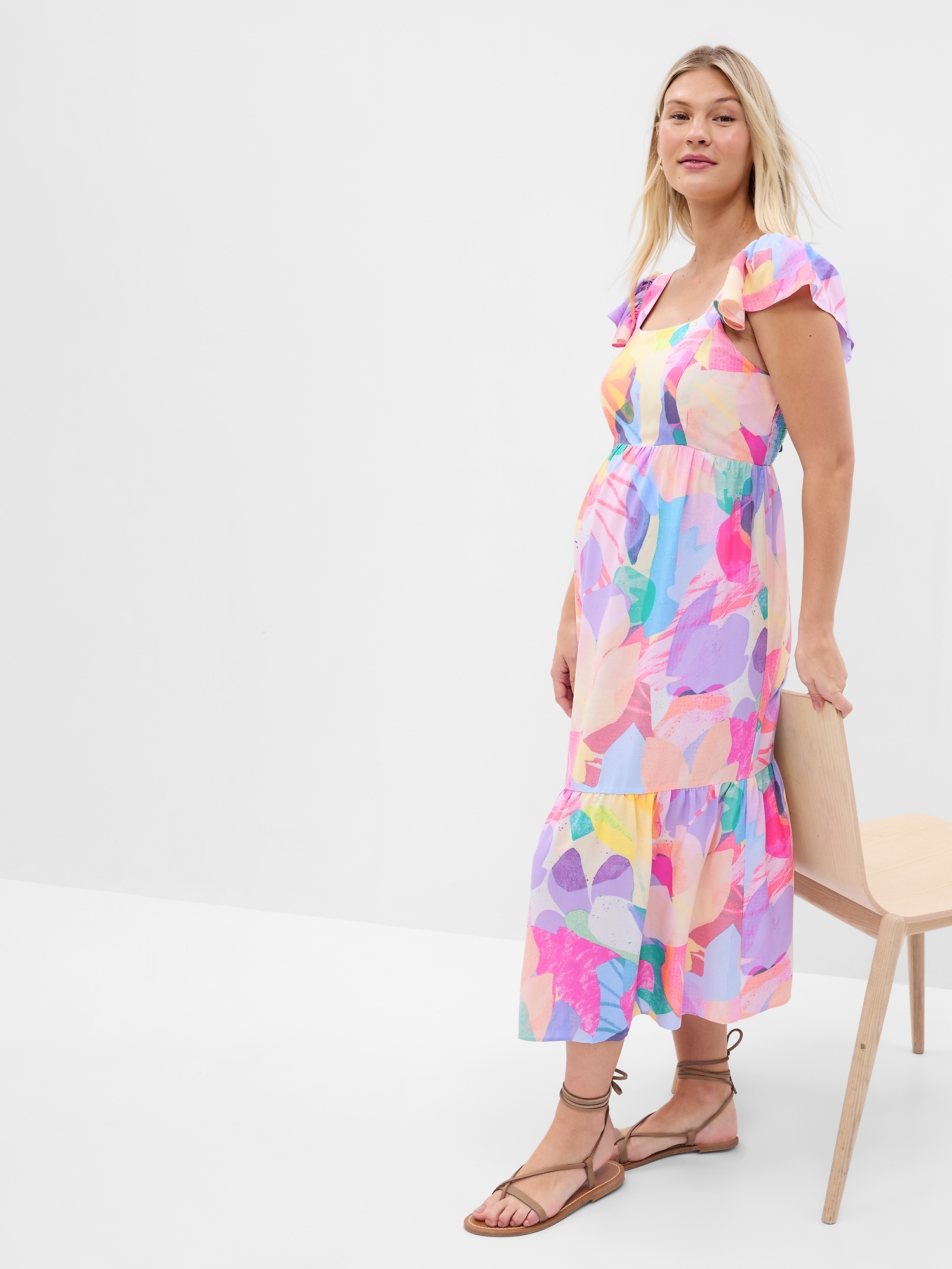 Maternity Flutter Sleeve Midi Dress