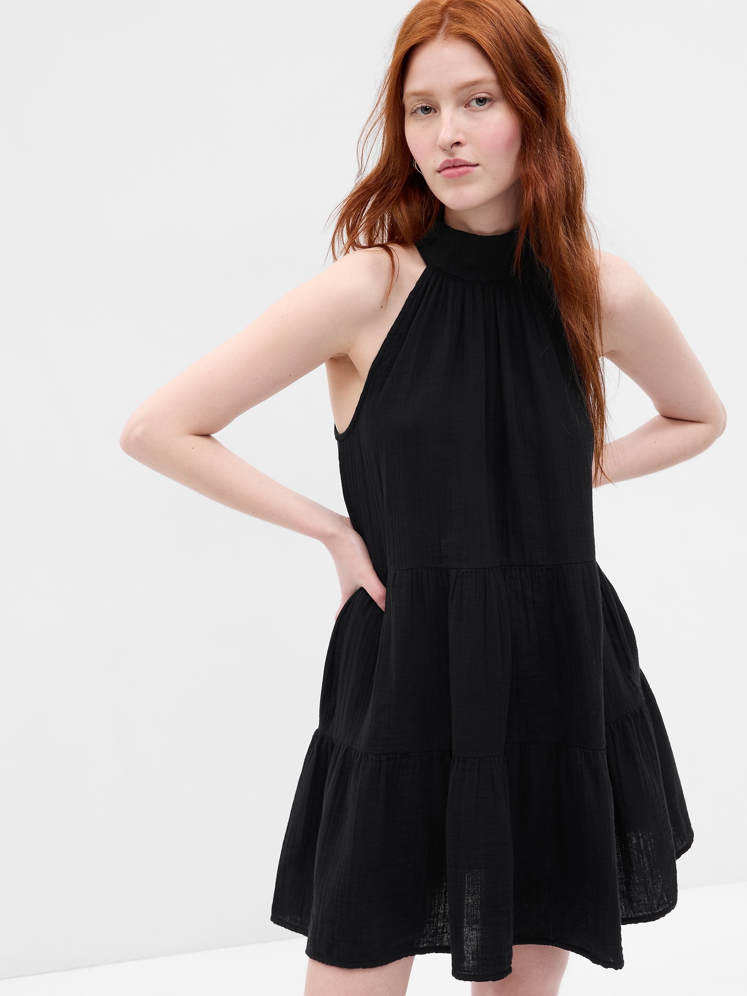 Gap Crinkle Gauze Halter Tiered Mini Dress In Black | ModeSens