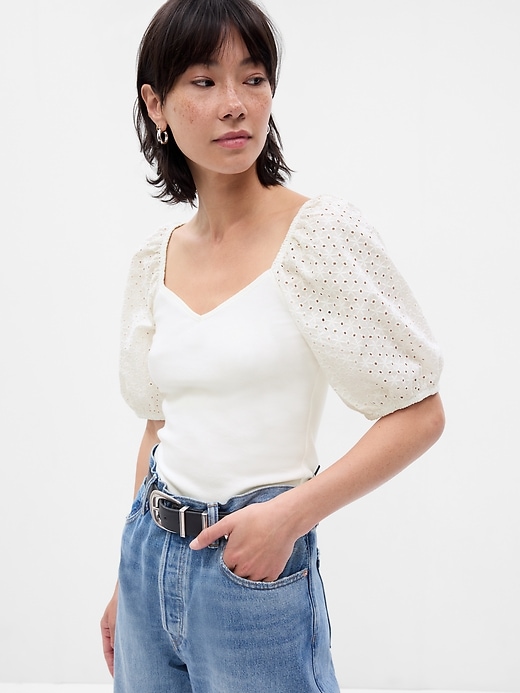 Image number 1 showing, Modern Eyelet Puff Sleeve Sweetheart T-Shirt