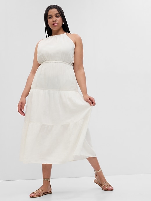 Image number 1 showing, Crinkle Gauze Halter Keyhole Tiered Maxi Dress