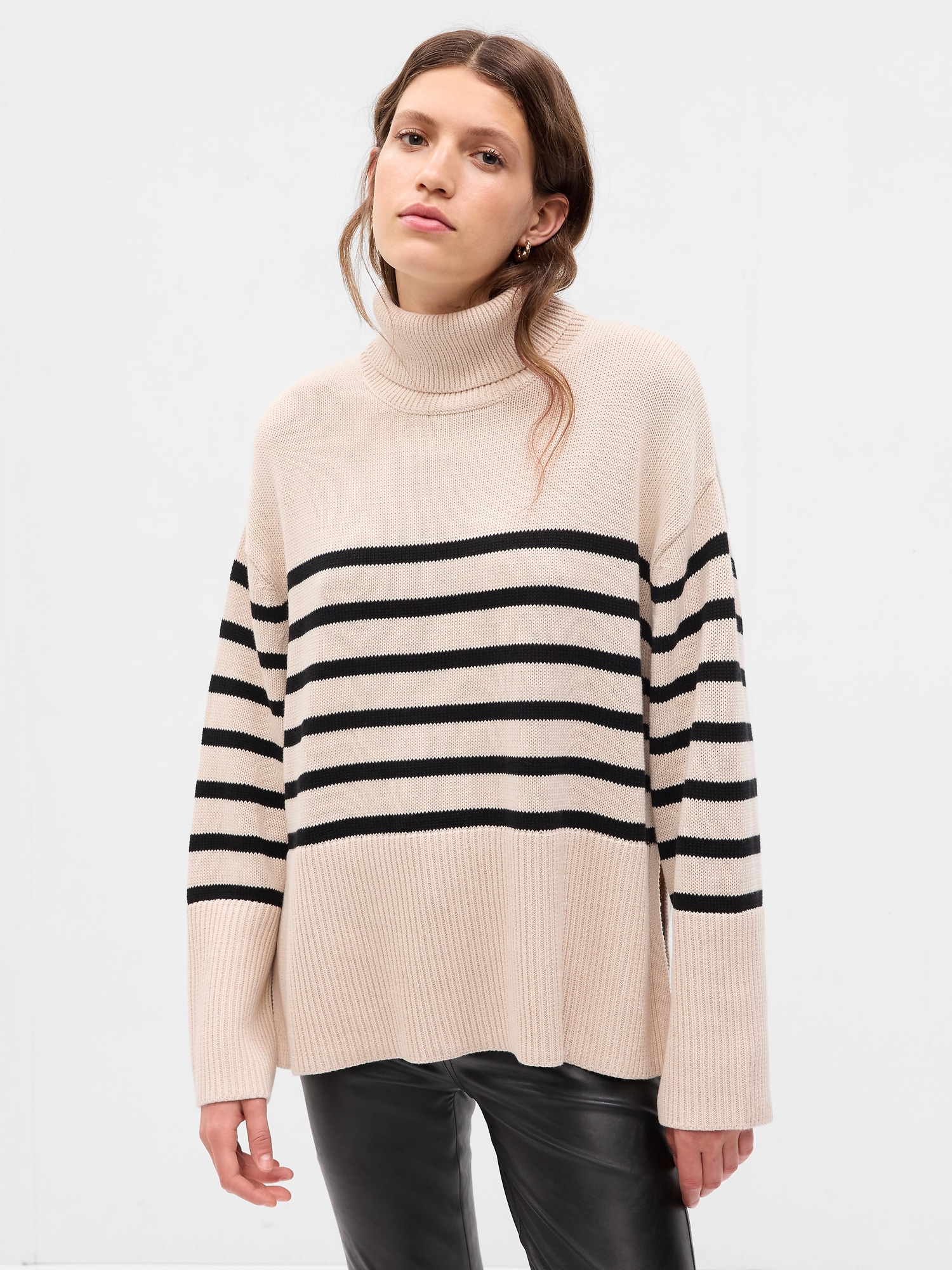 Gap Split-hem Turtleneck Sweater In Black & Beige Breton Stripe