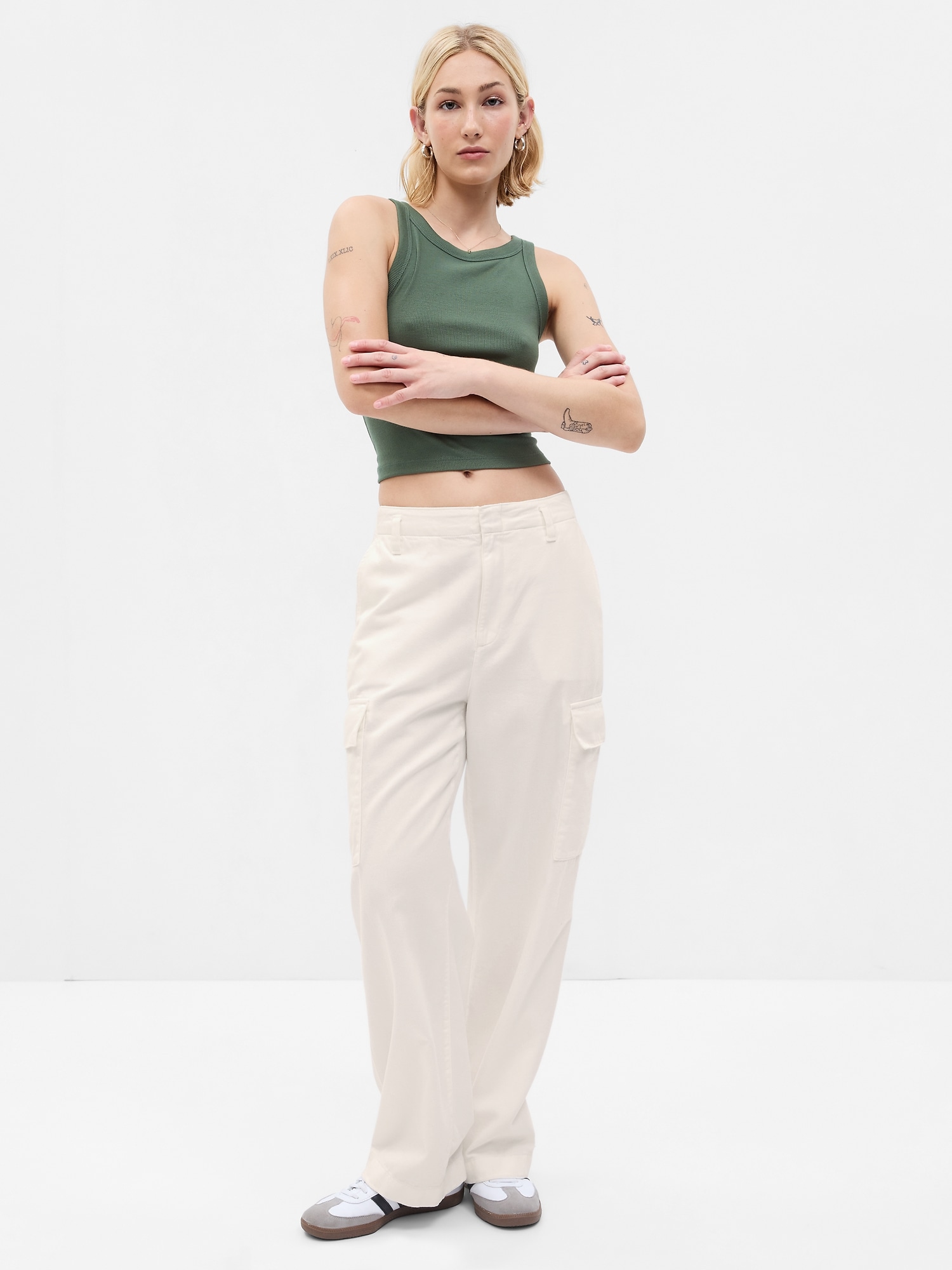 Mini Twill Ruched Ankle Cargo Pants - Olive