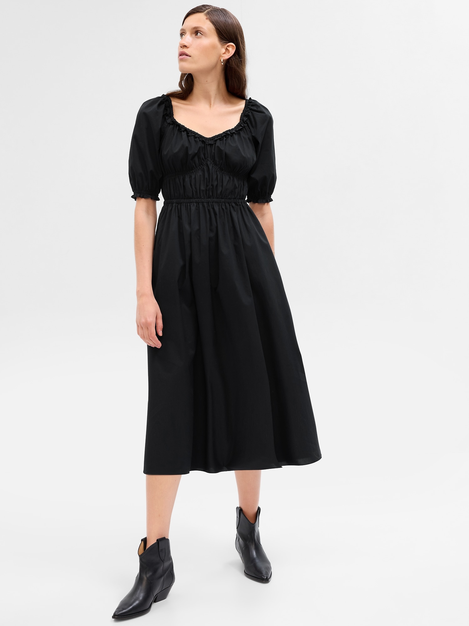 Linen-Blend Puff Sleeve Midi Dress