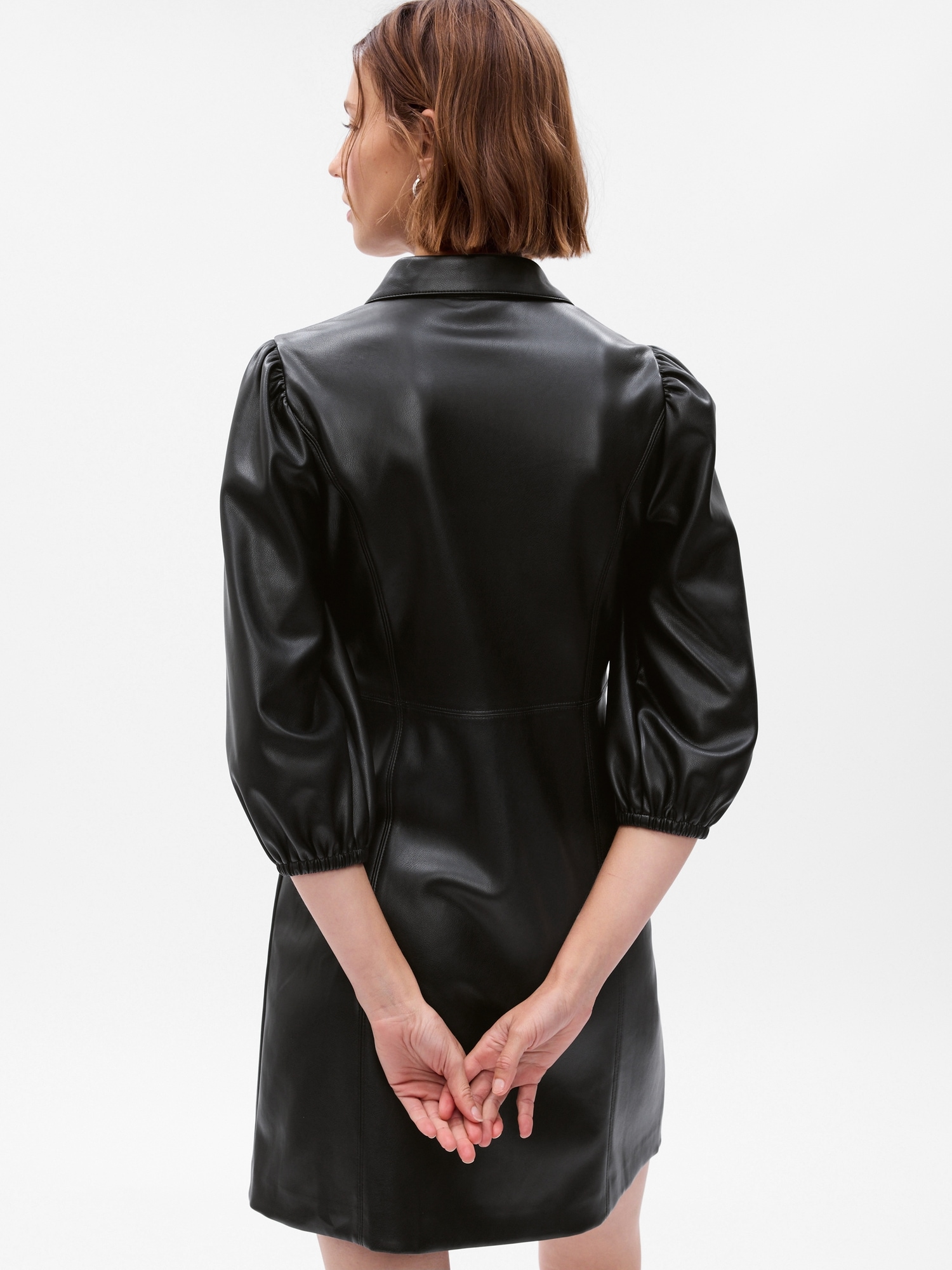 Black Puff Sleeve Elegant Women Mini Faux Leather Dress