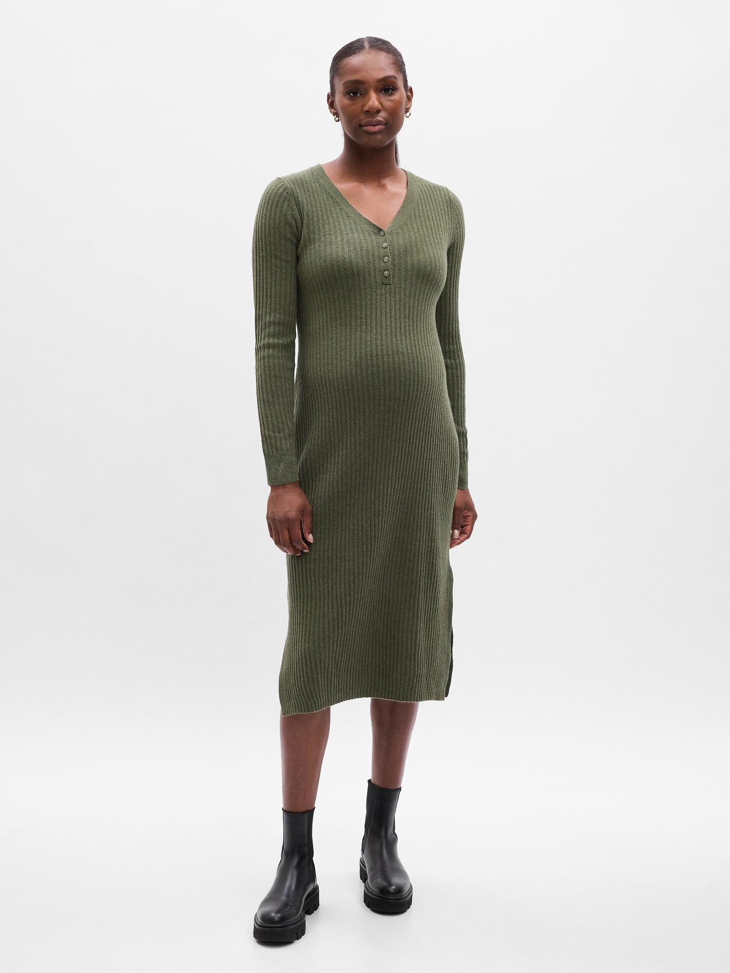 Gap Maternity Cashsoft Henley Midi Sweater Dress In Olive Green