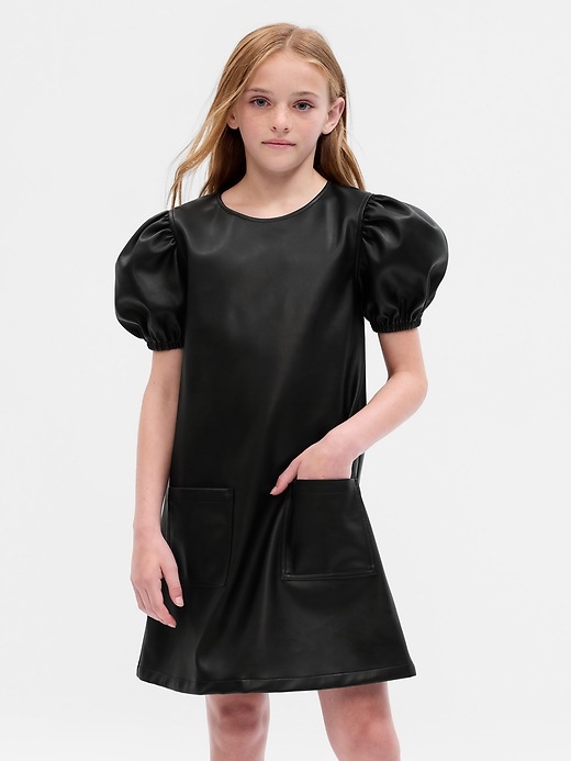 Image number 1 showing, Kids Puff Sleeve Vegan Leather Dress