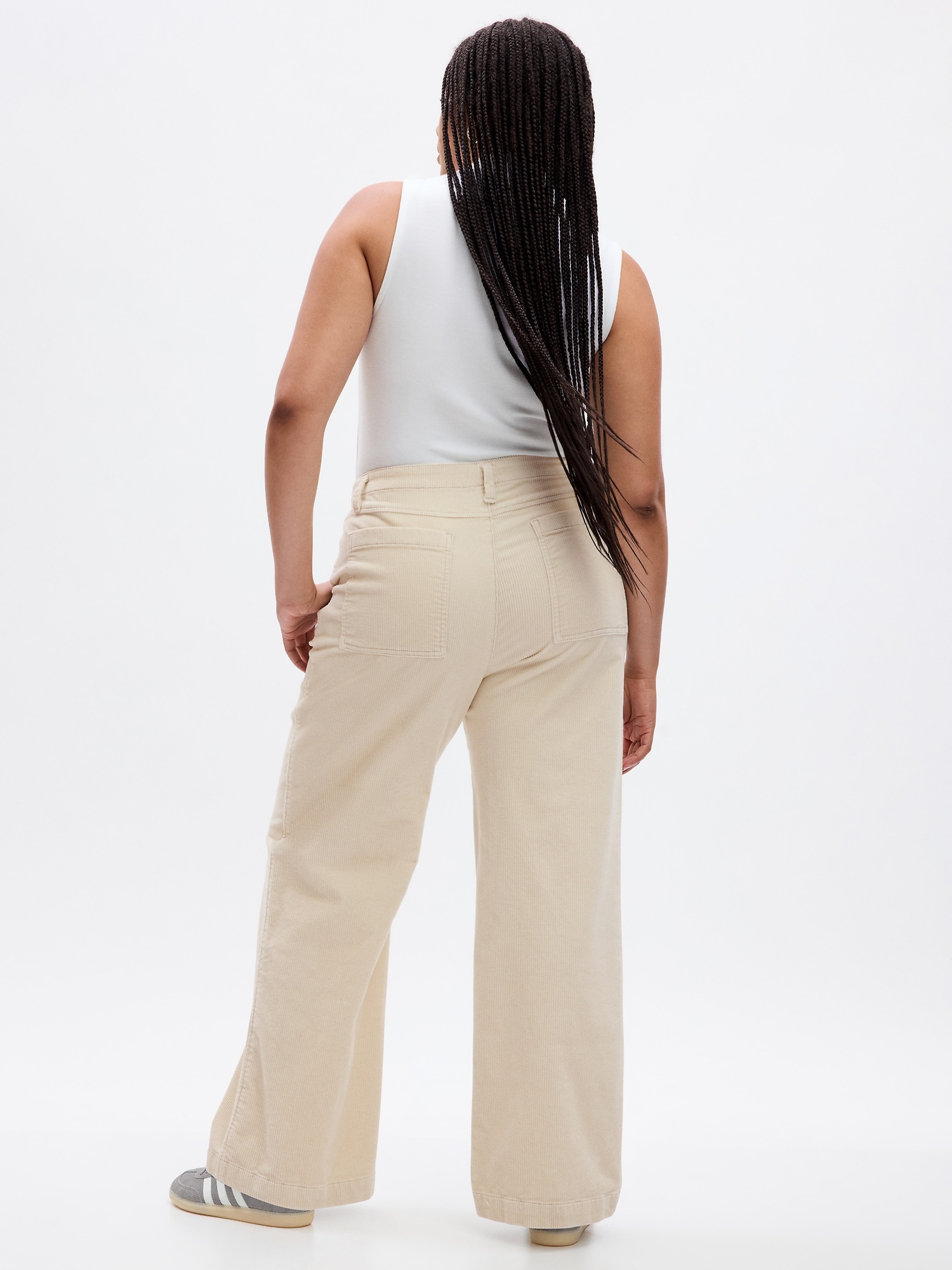 Women's Mid Rise Button Zipper Side Pocket Solid Corduroy Wide Leg