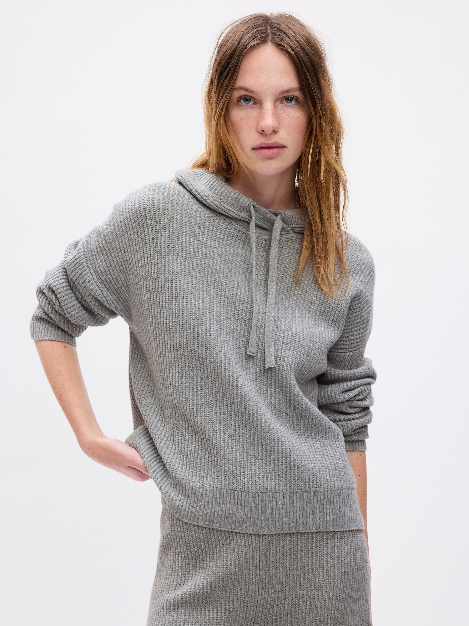 Gap Cashsoft Shaker-stitch Sweater Hoodie In Light Gray