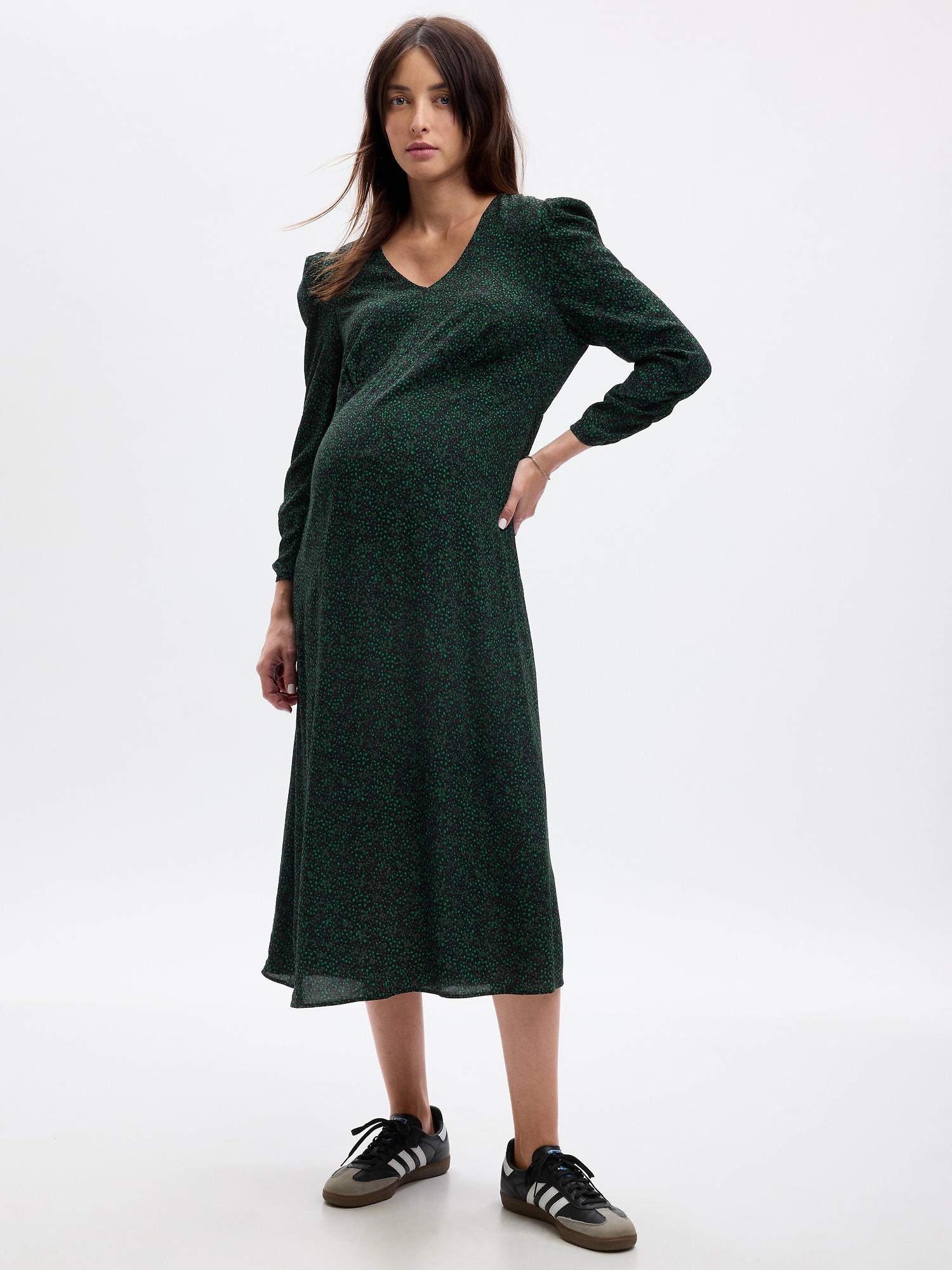 Gap Maternity Puff Sleeve Midi Dress In Green & Black Dot Print