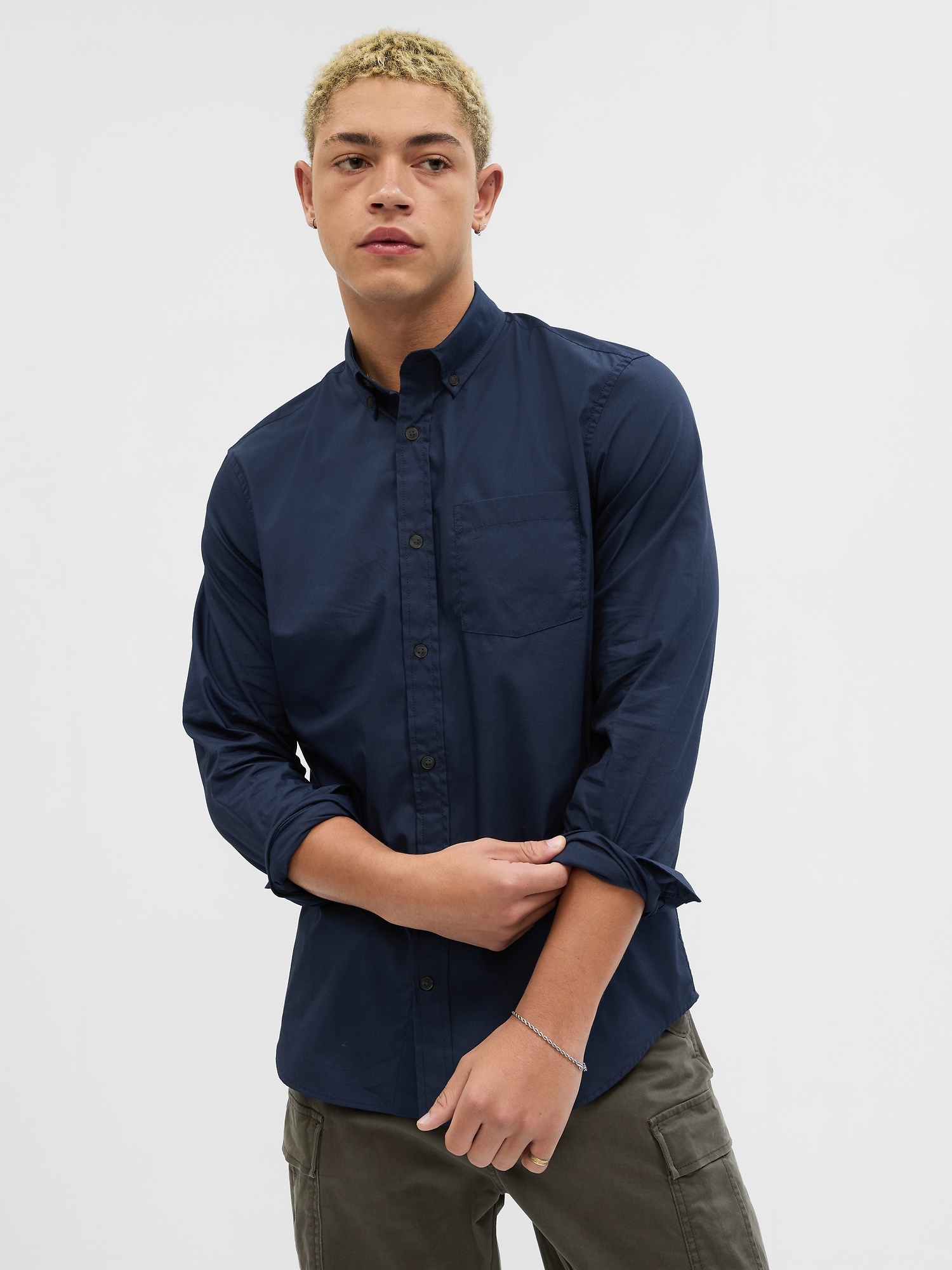 Essentials Men's Regular-fit Long-Sleeve Chambray Shirt Blue Size  Small