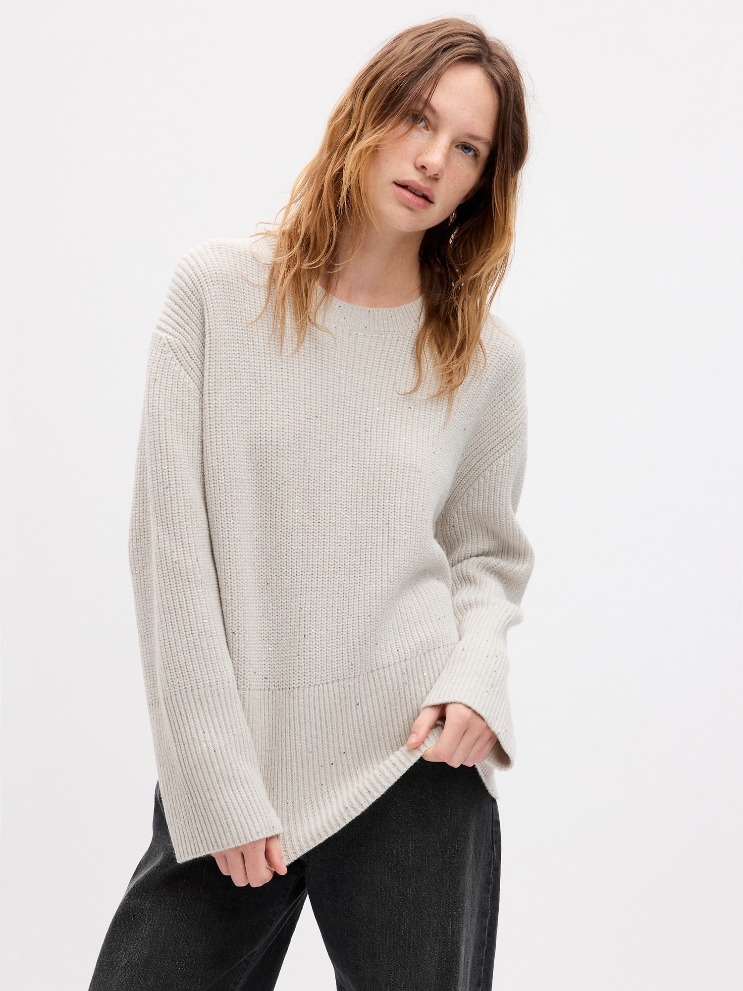 24/7 Split-Hem Sequin Crewneck Sweater | Gap